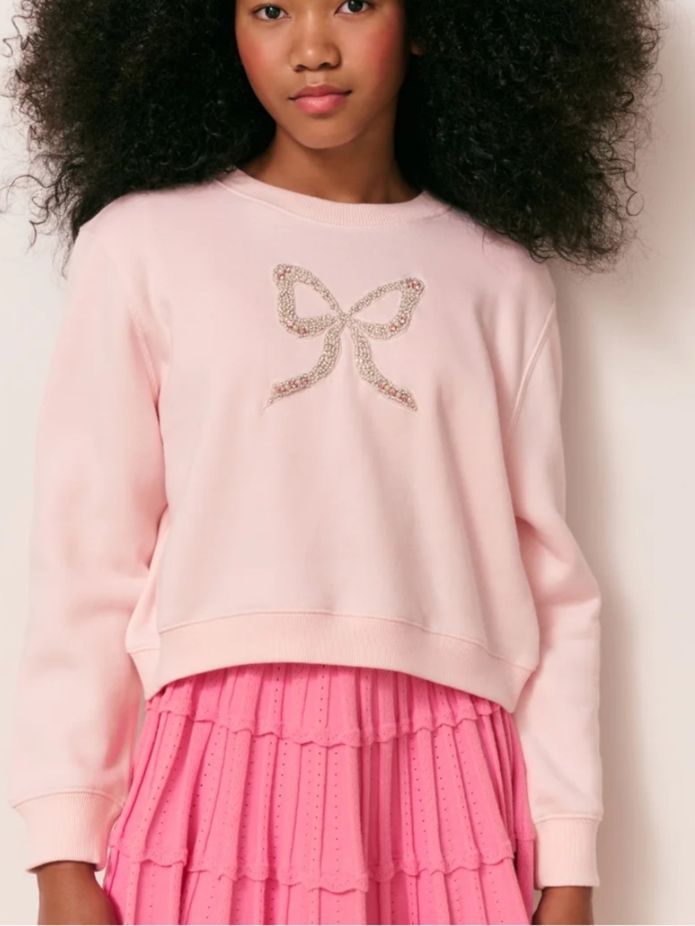 LoveShackFancy Girls Lumi Embellished Bow Fleece Pullover Pink XXL Excellent